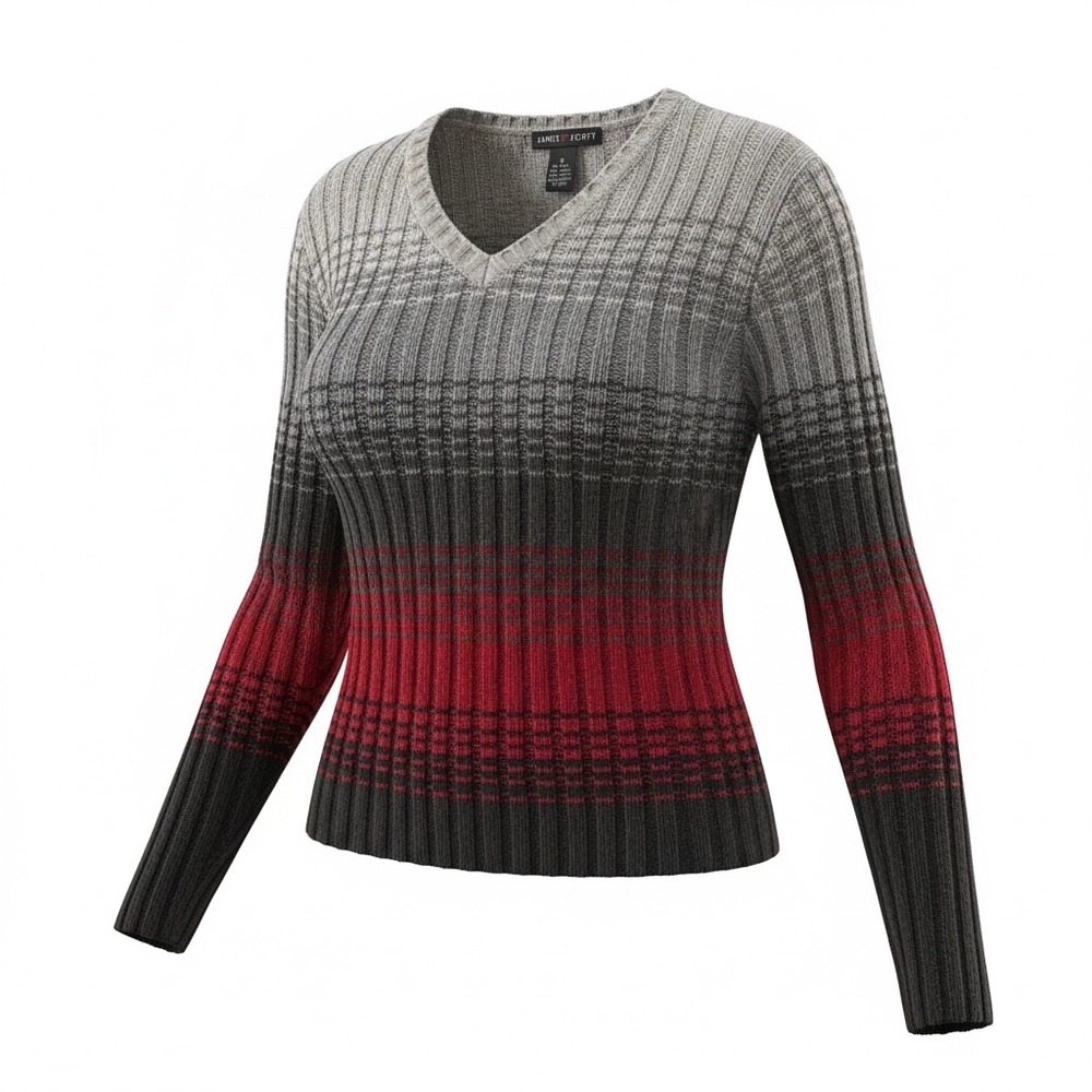 Jamie Scott Womens V-Neck Chenille Ombre Ribbed Sweater Grey Red Small